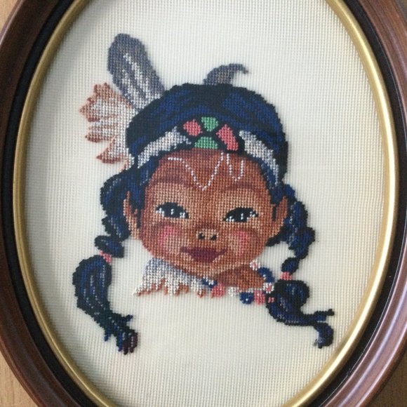 2 Vintage Framed petit point needlework embroidery wall hanging native children - Picture 5 of 7